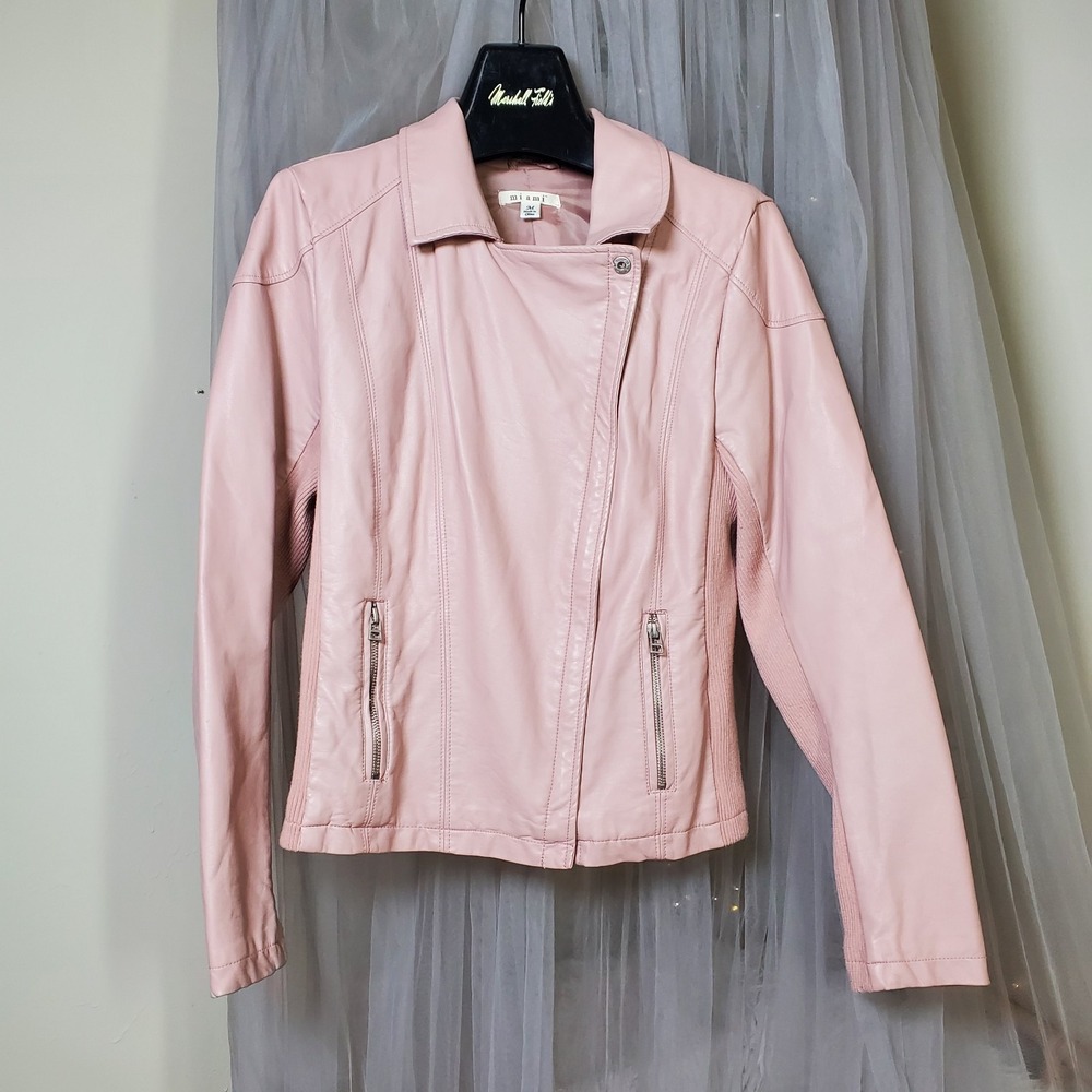 Pink Retro Faux Leather Moto Jacket Miami Size M Feminine Biker 90s Y2K Full Zip
